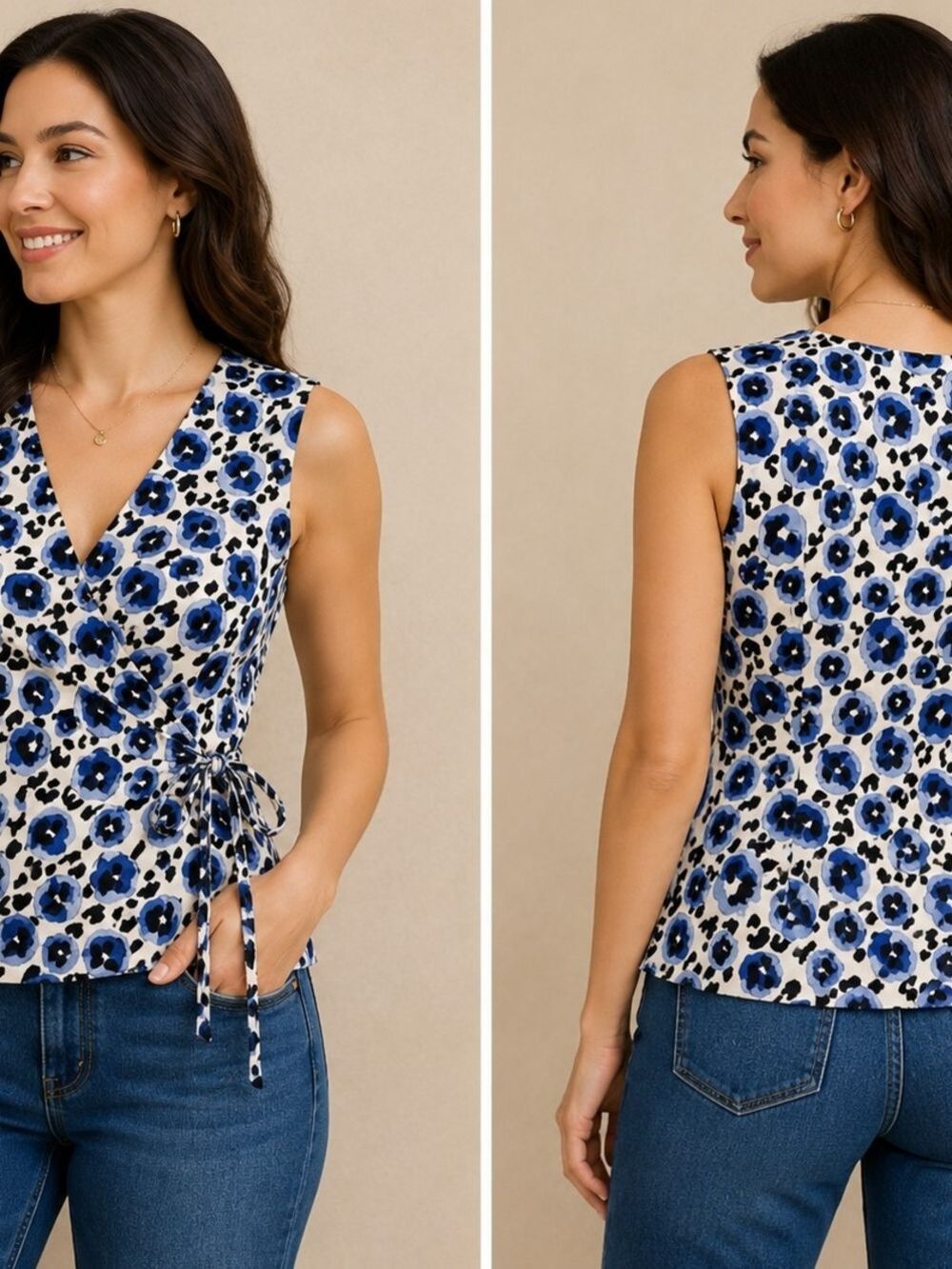 Hawthorn Women's Petite Medium Blue Floral Faux Wrap Sleeveless Top